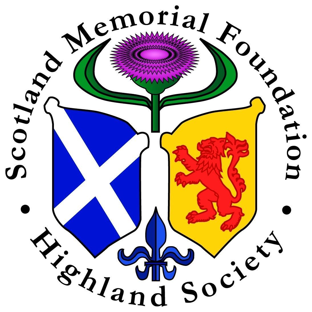 Logo of the Scotland Memorial Foundation: thistle above shields with Scottish Saltire and lion rampant.