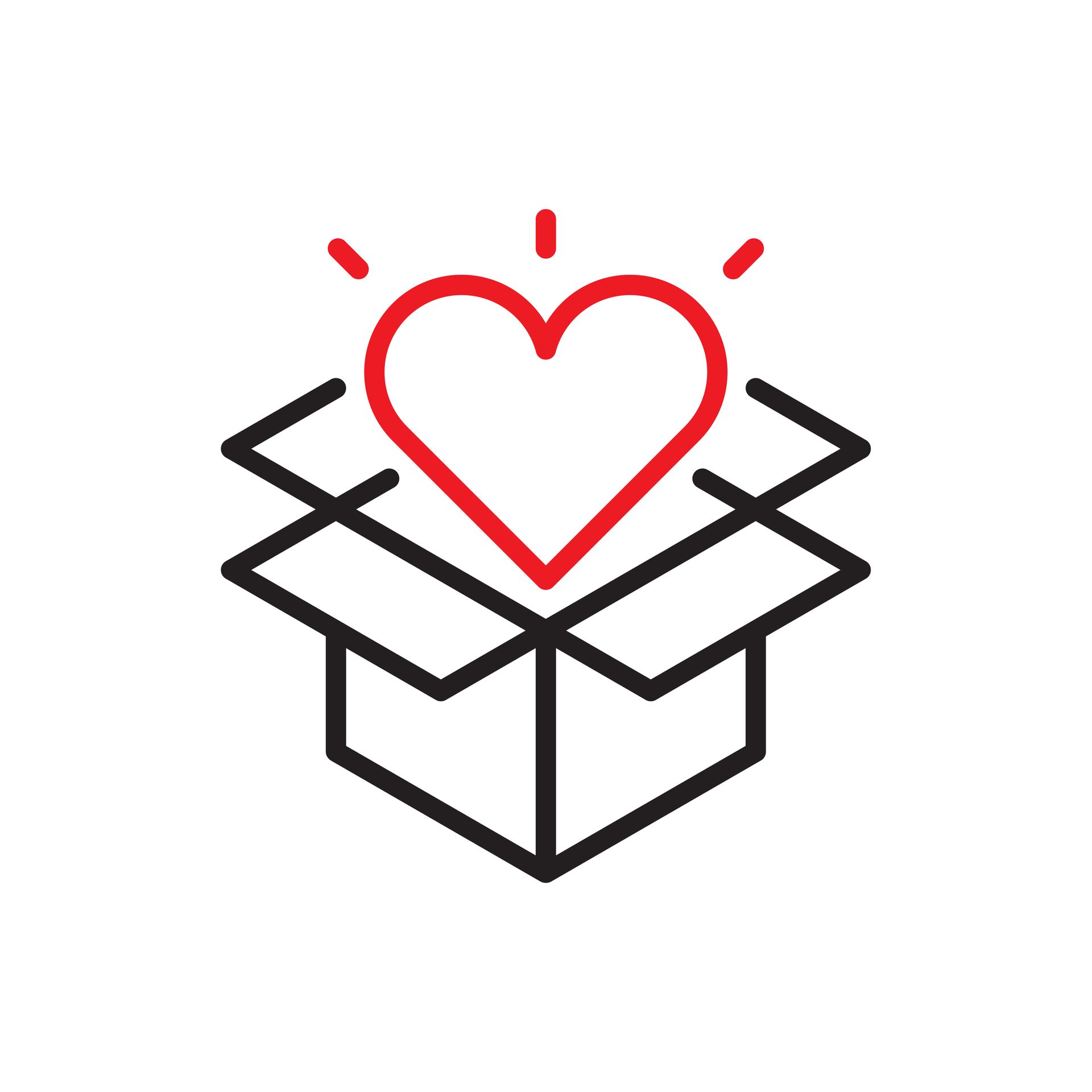 Red heart radiating light above an open black box.
