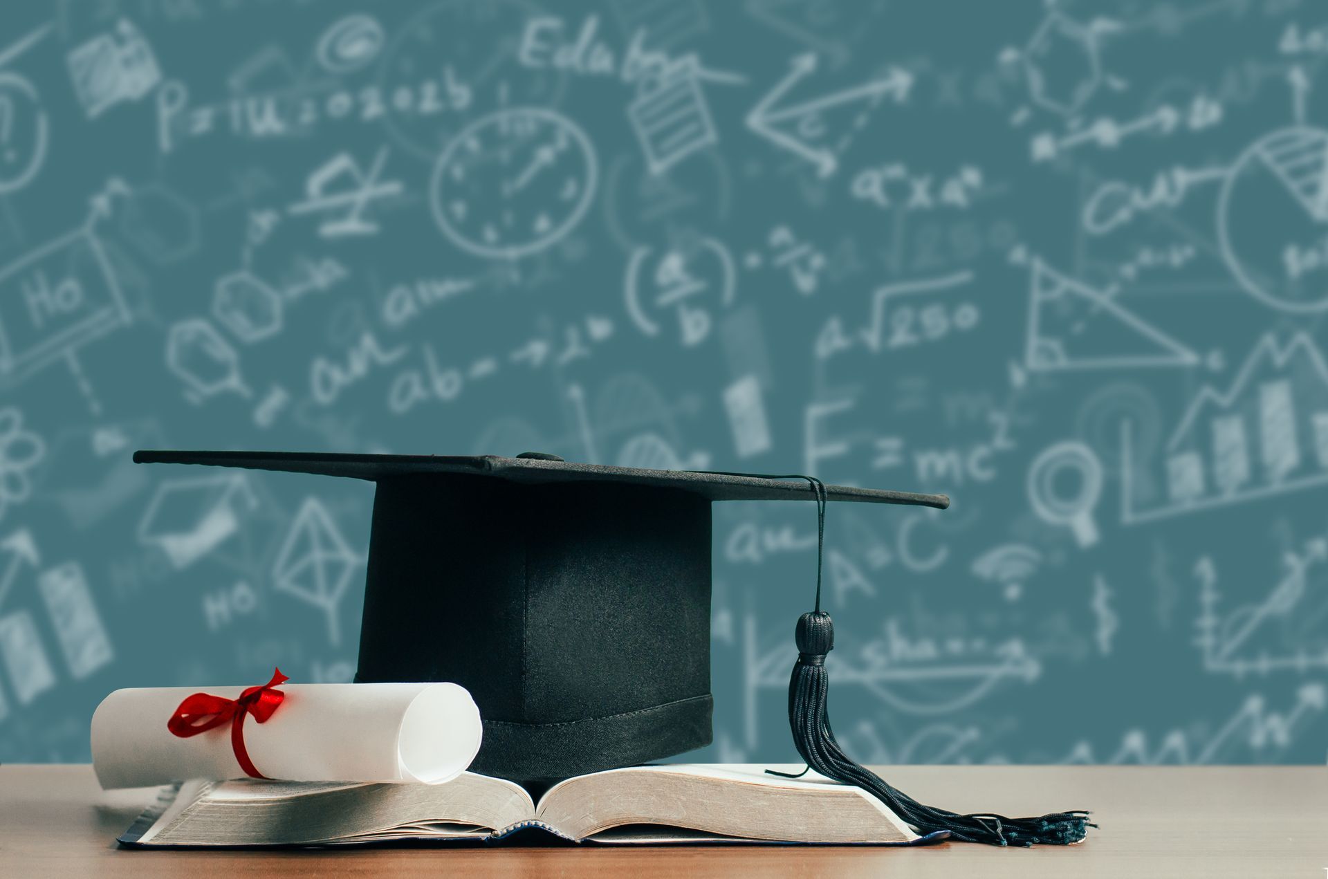 Graduation cap, diploma, and open book against a chalkboard background with math symbols.