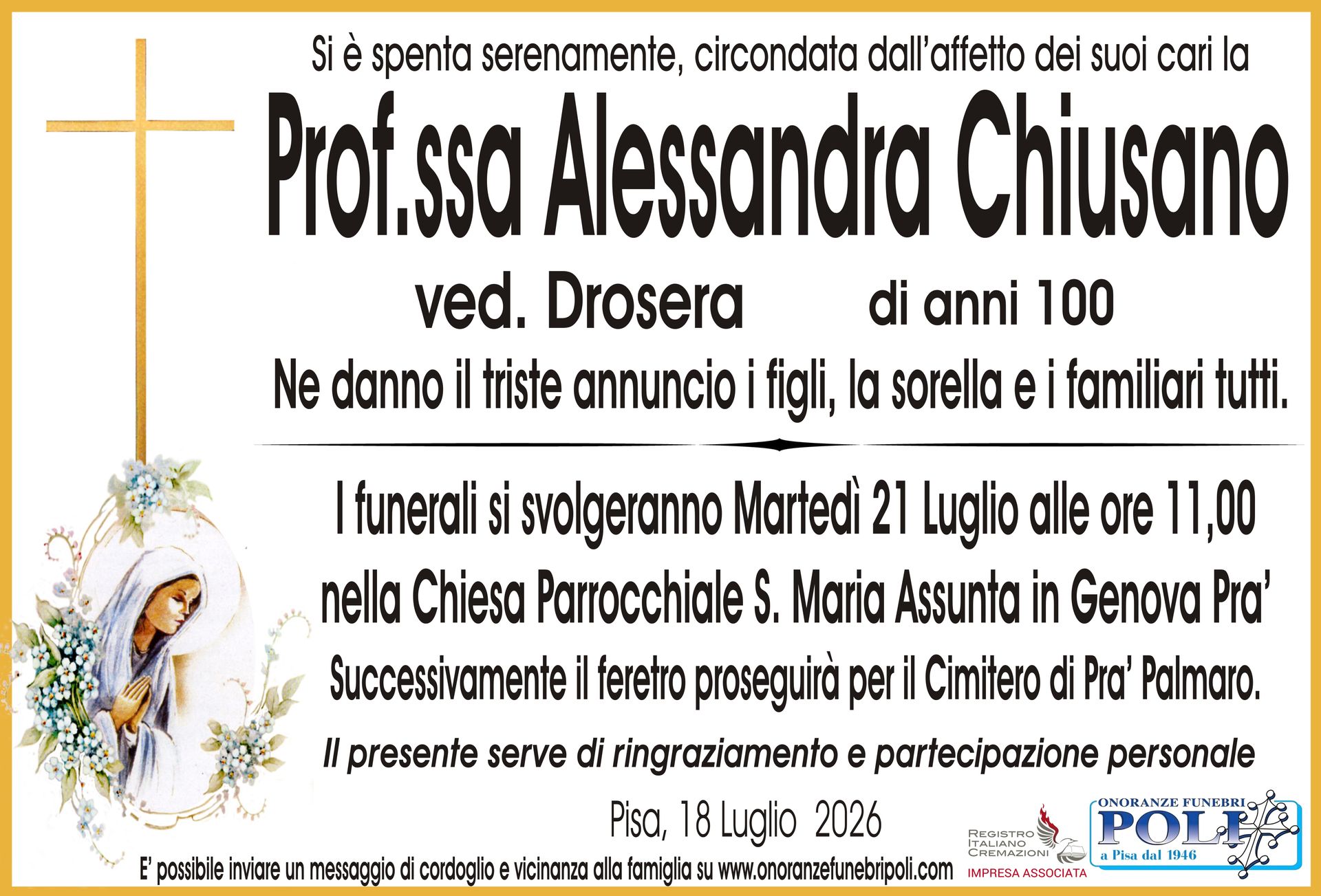 necrologio PROF.SSA ALESSANDRA CHIUSANO