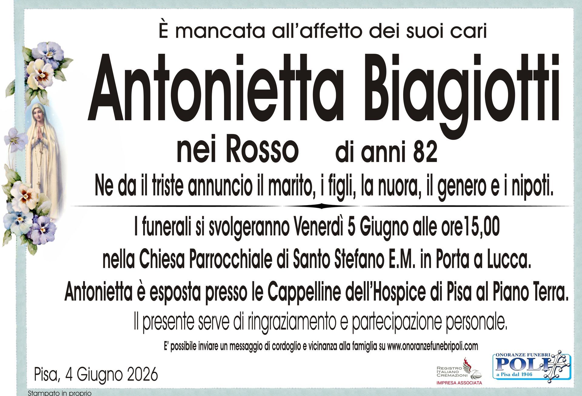 necrologio Antonietta Biagiotti