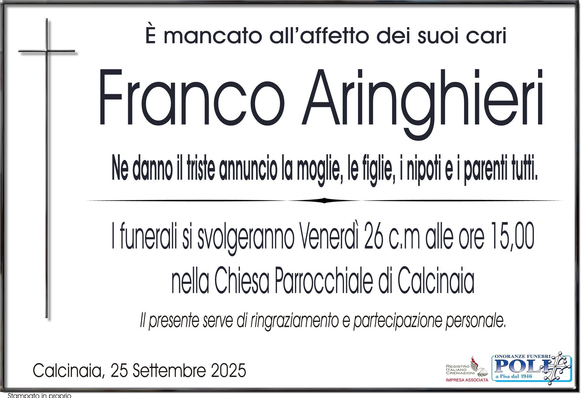 necrologio FRANCO ARINGHIERI 