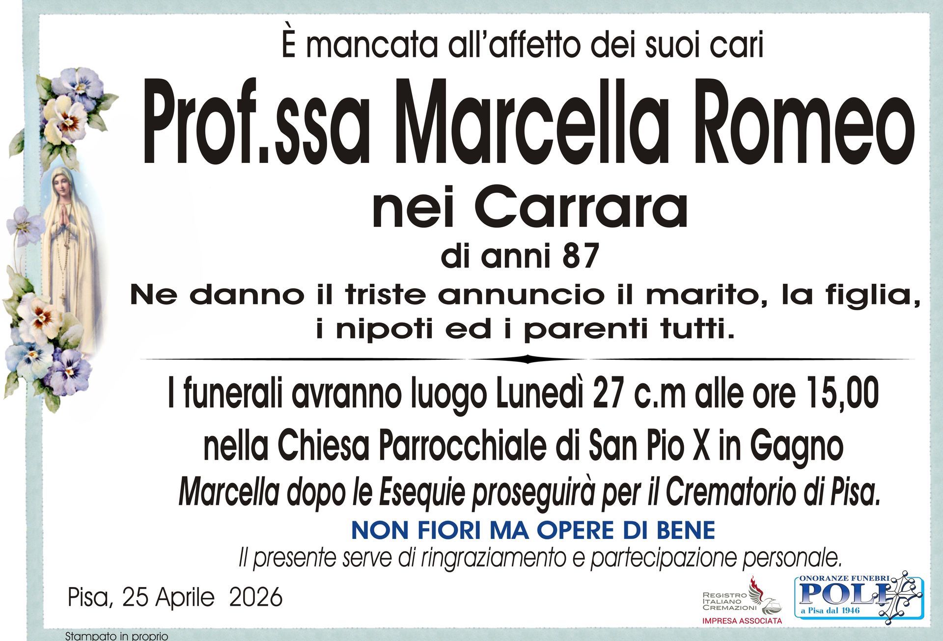 necrologio PROF.SSA MARCELLA ROMEO 