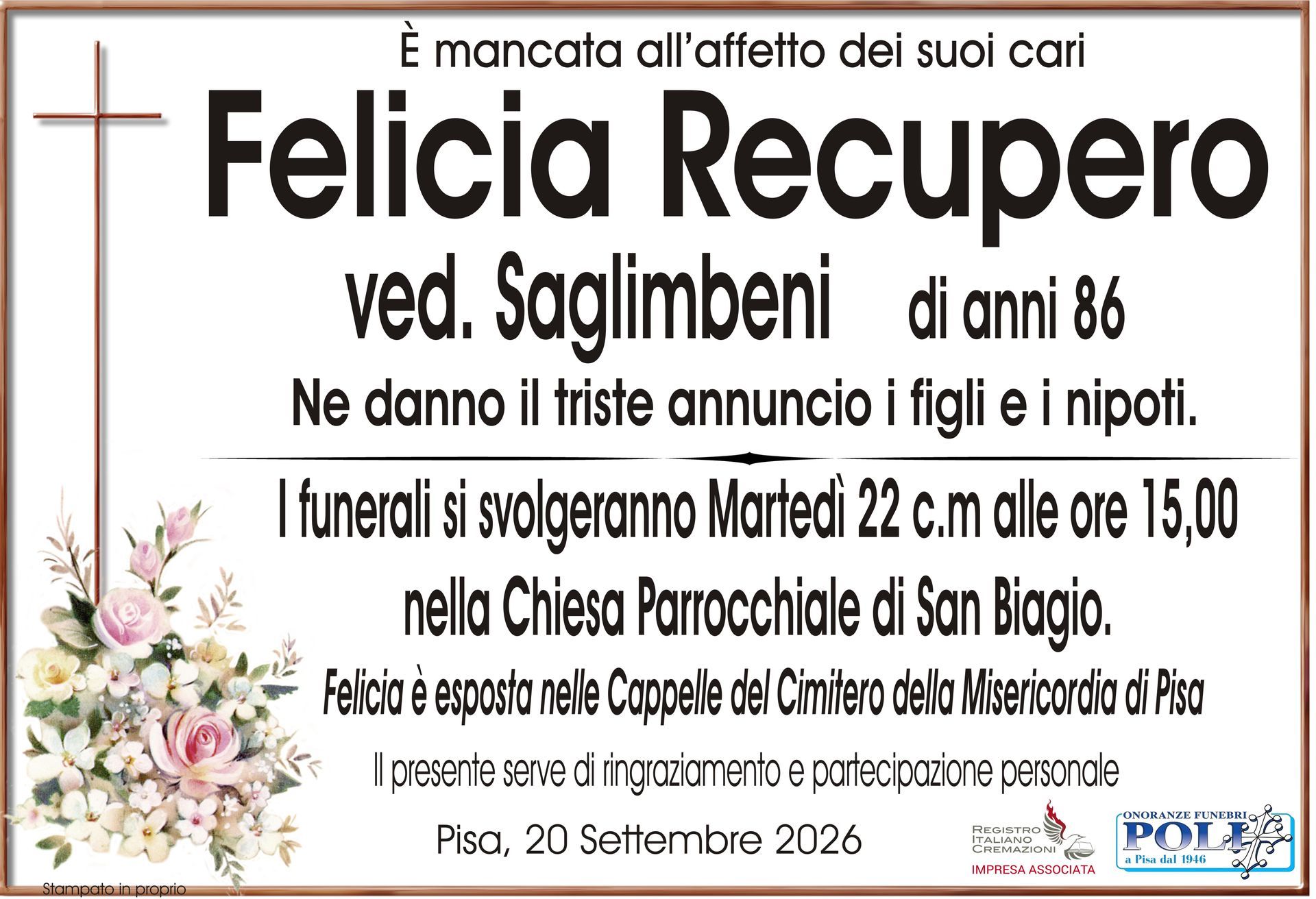 necrologio Felicia Recupero