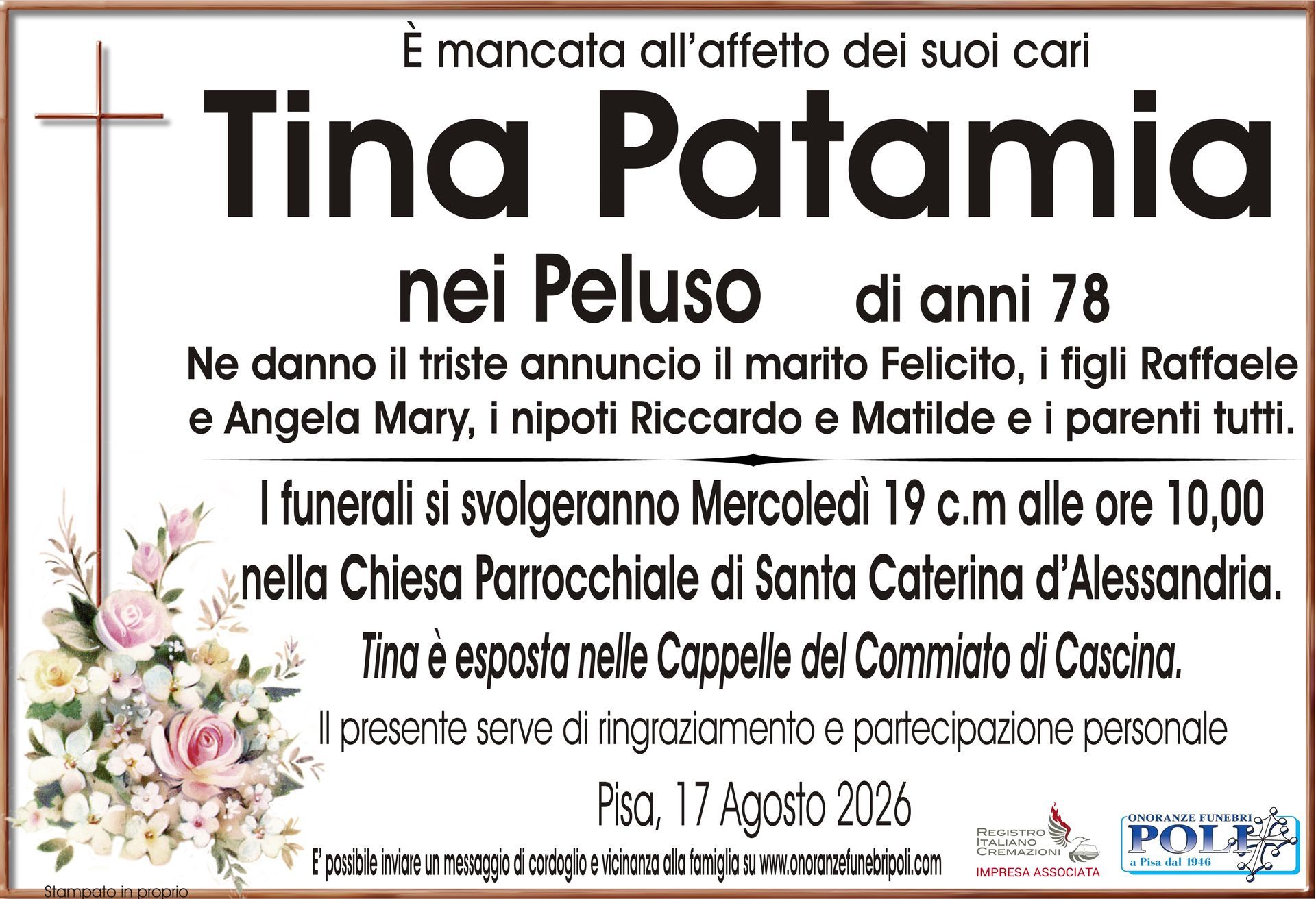 necrologio TINA PATAMIA 