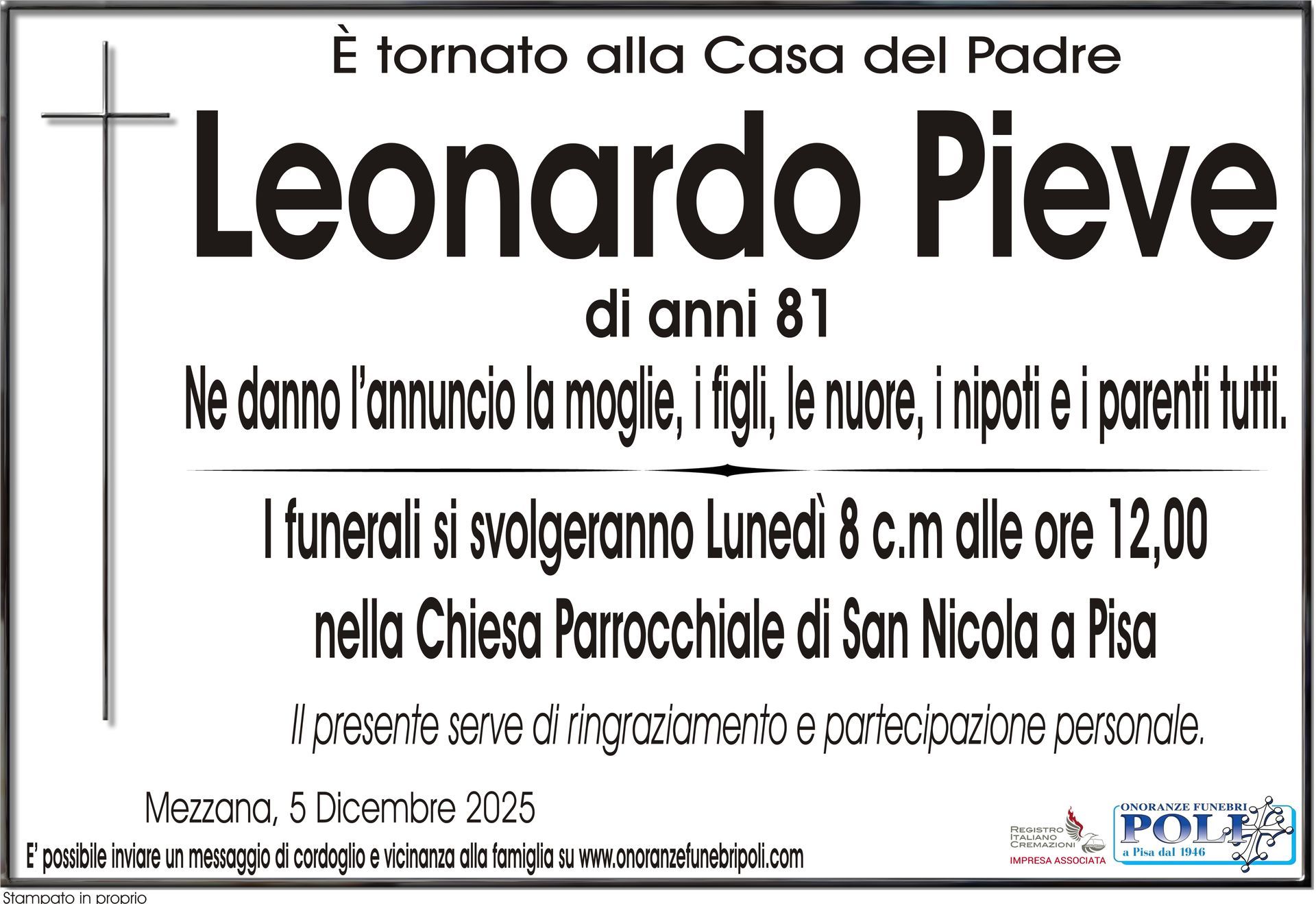 necrologio LEONARDO PIEVE