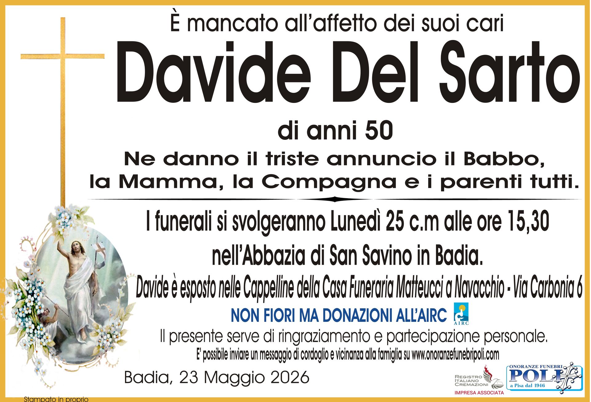 necrologio Davide Del Sarto
