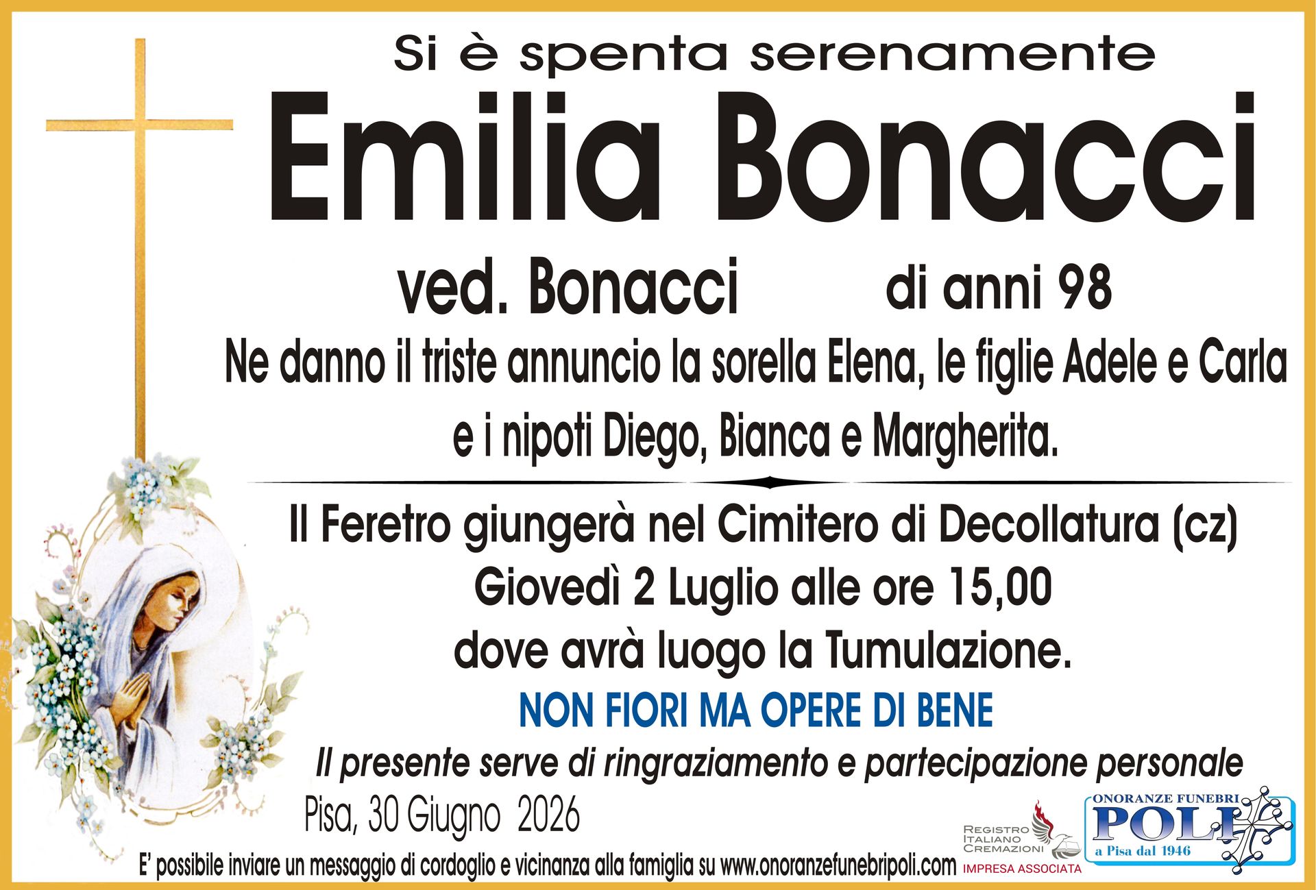 necrologio Emilia Bonacci