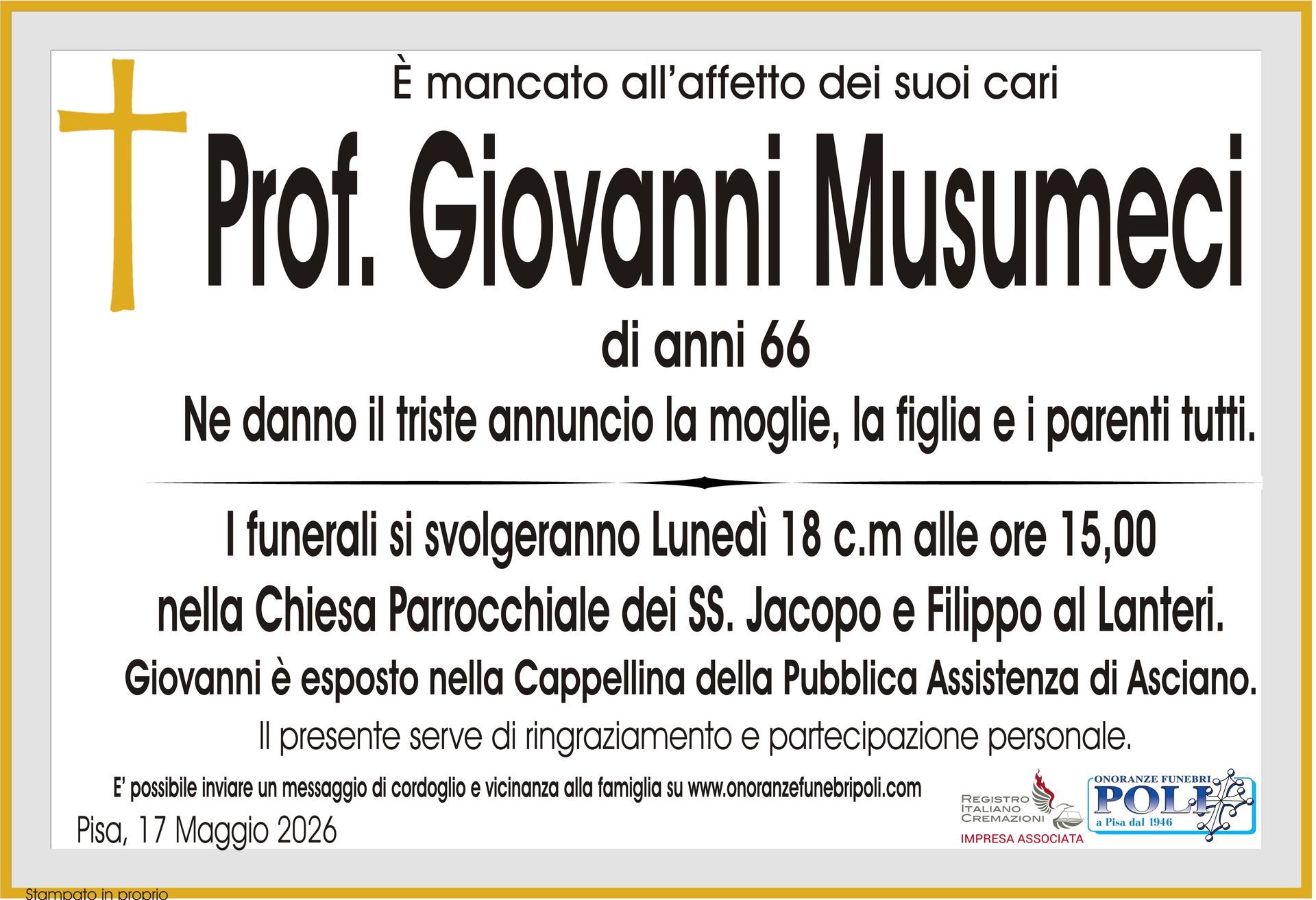 necrologio Prof. Giovanni Musumeci
