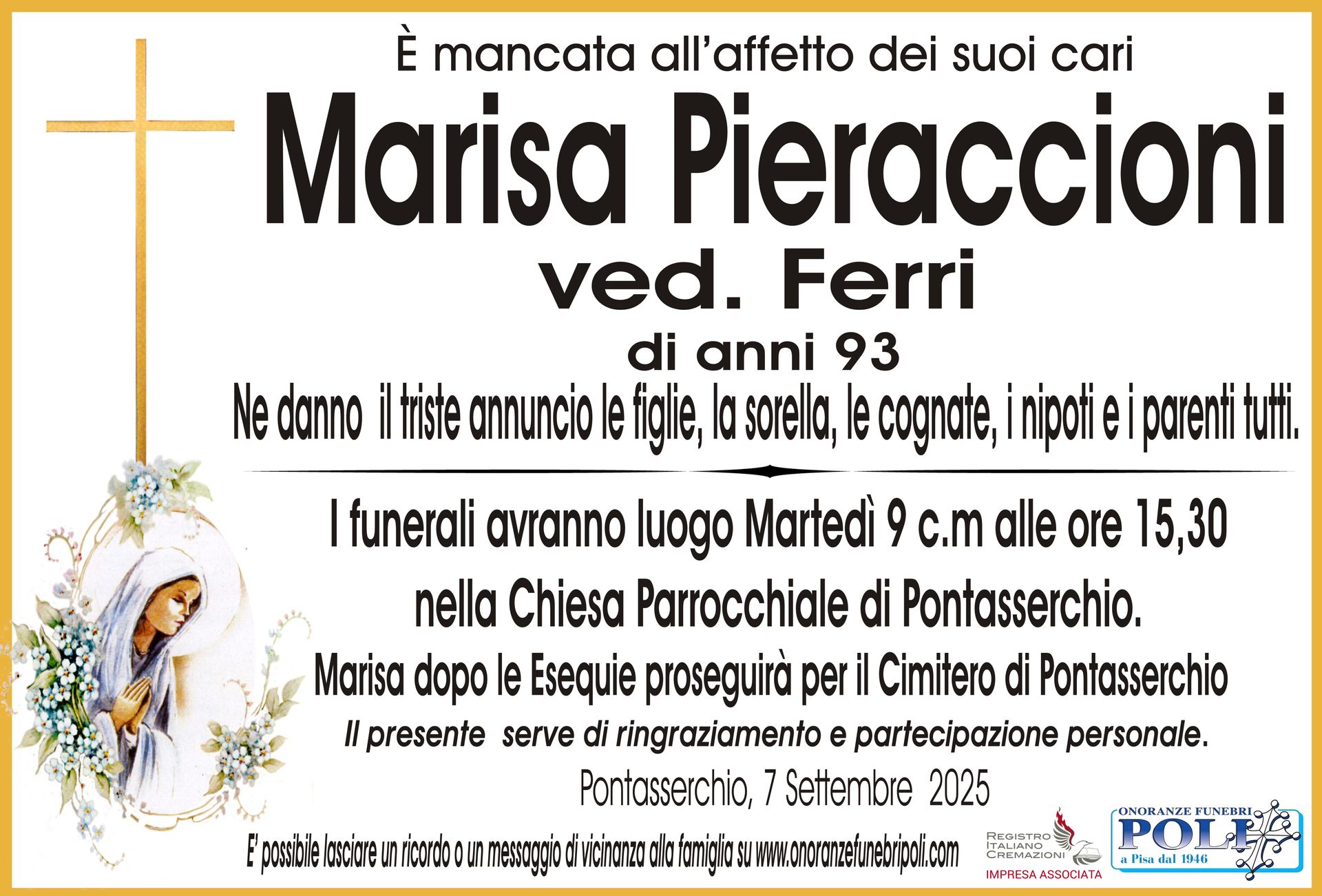 necrologio MARISA PIERACCIONI