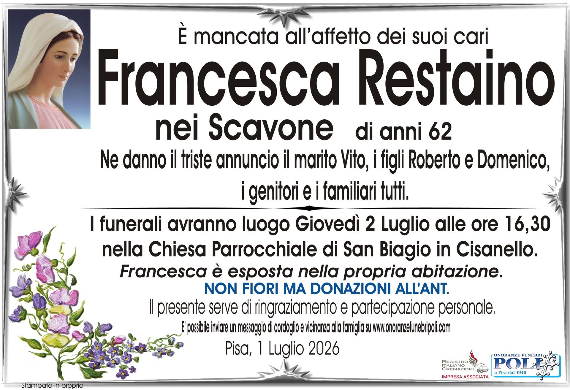 necrologio FRANCESCA RESTAINO