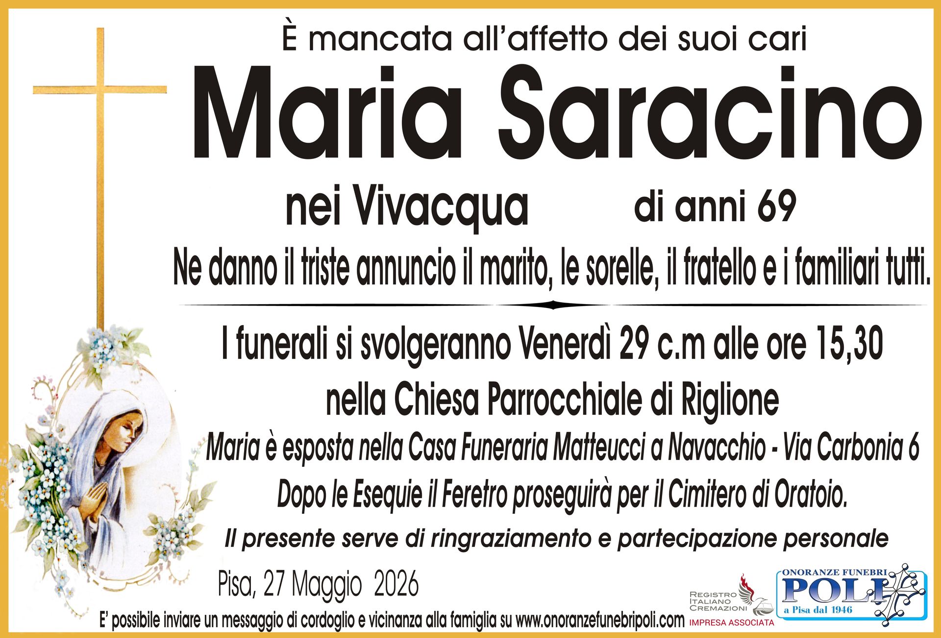 necrologio Maria Saracino
