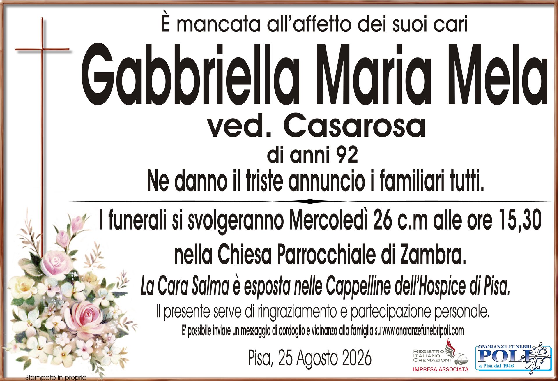 necrologio Gabbriella Maria Mela 