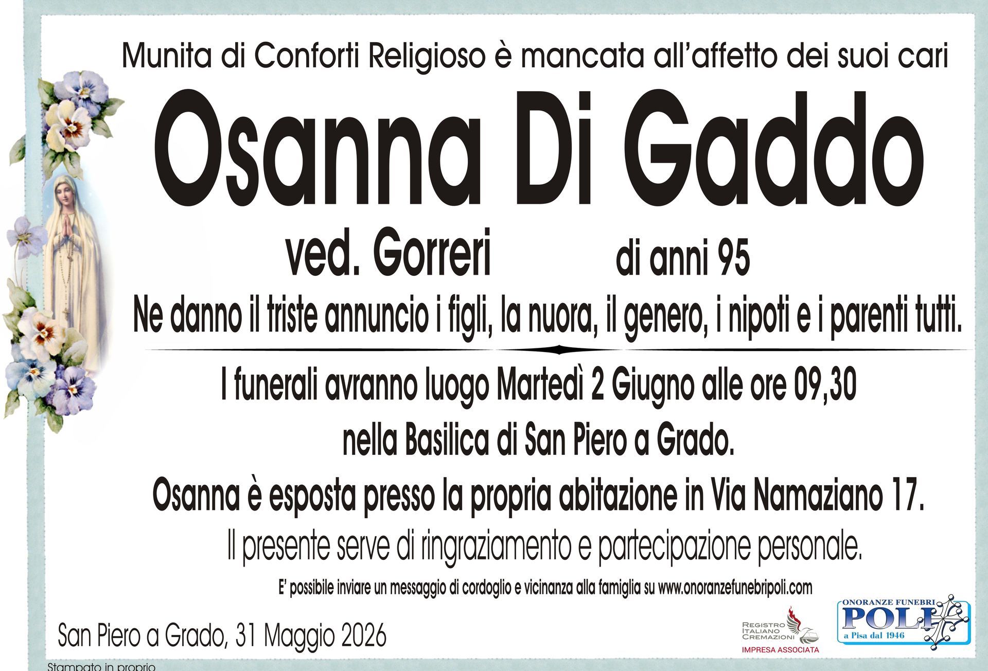 necrologio Osanna Di Gaddo