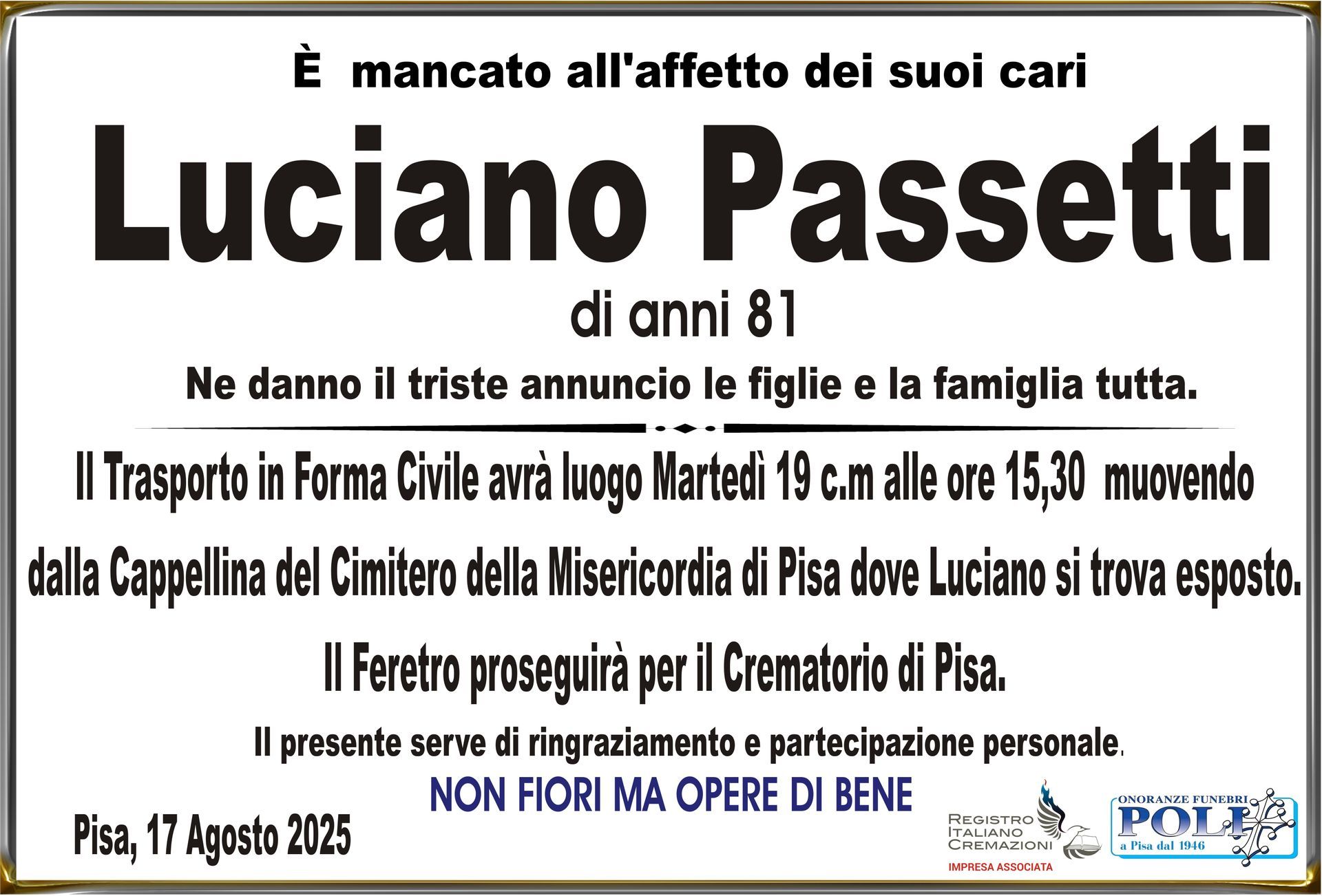 necrologio LUCIANO PASSETTI 