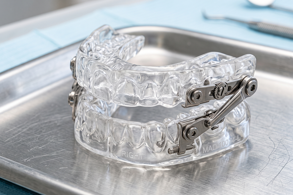 Two mouth guards are sitting on top of a model of a person 's teeth.