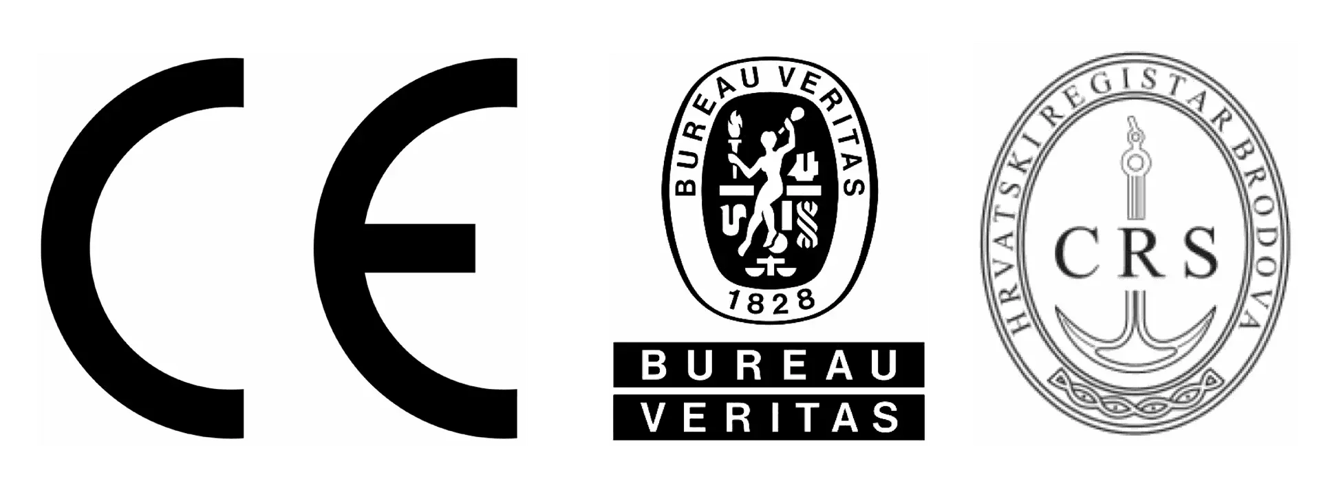 CE-keurmerk, Bureau Veritas- en CRS-certificeringslogo's.