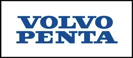 Het Volvo Penta-logo in blauwe tekst op een witte achtergrond, binnen een zwarte rand.