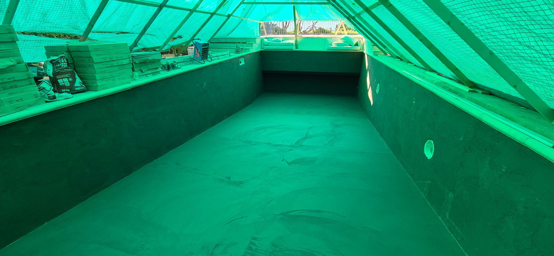 Une piscine vide sous un toit végétalisé.