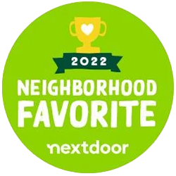 Green circular Nextdoor badge reading “2022 Neighborhood Favorite” with a trophy icon