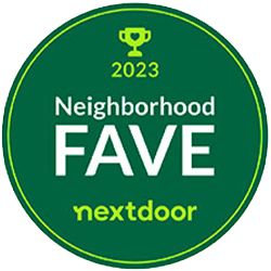 2023 Neighborhood Fave Nextdoor badge, green circular award with trophy icon