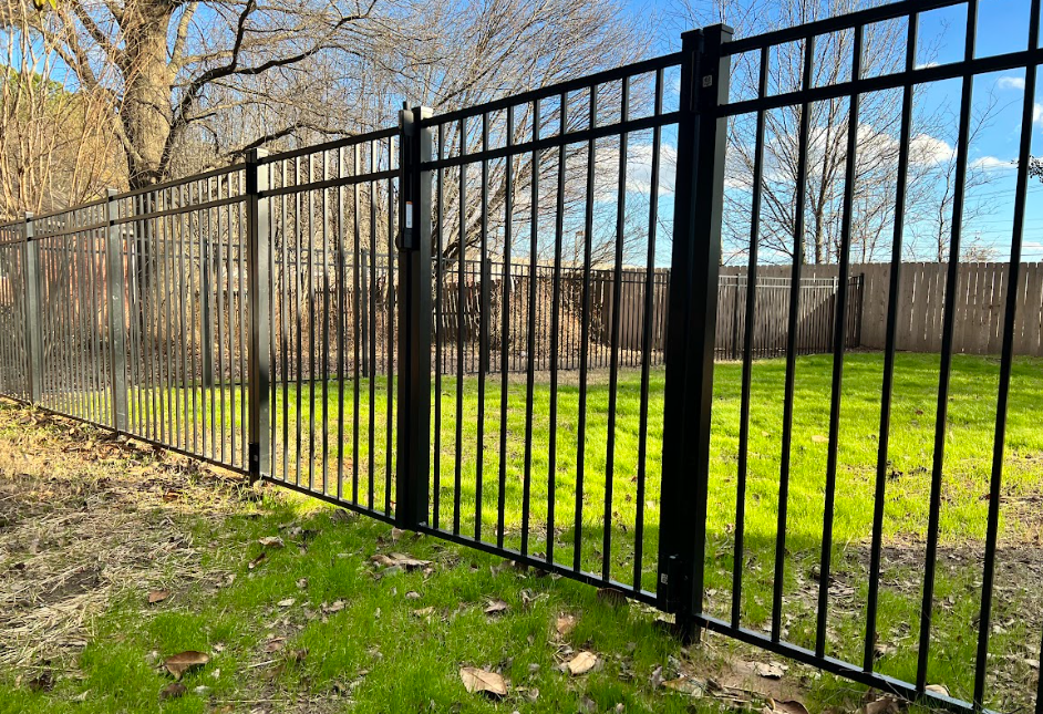 Black metal fence along a grassy park with trees and blue sky.