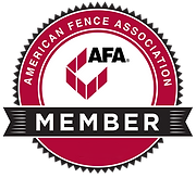 American Fence Association member badge with red, black, and white circular logo and ribbon banner
