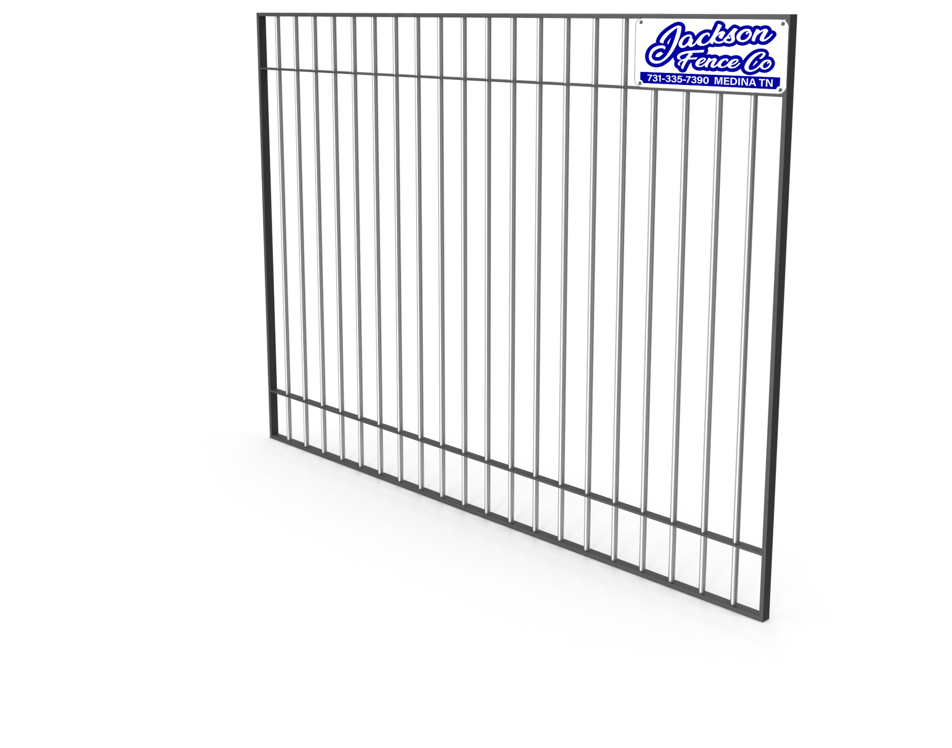 Gray metal wire fence panel with a small blue-and-white logo in the top right corner