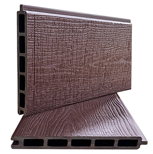 Brown textured composite deck board profile showing hollow core and underside support ribbing
