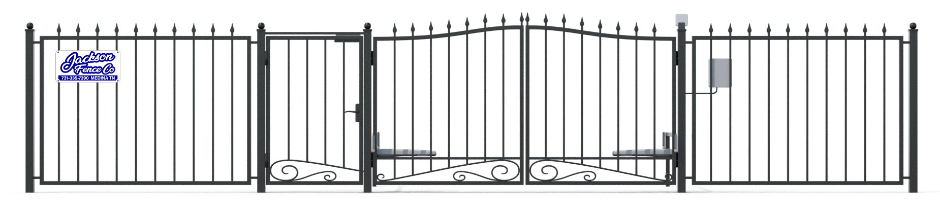 Black wrought-iron driveway gate with a central double-leaf section and blue house number sign