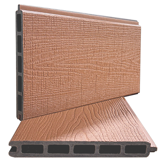 Wood-grain composite decking boards, one standing upright and one laid flat, showing hollow core ends.