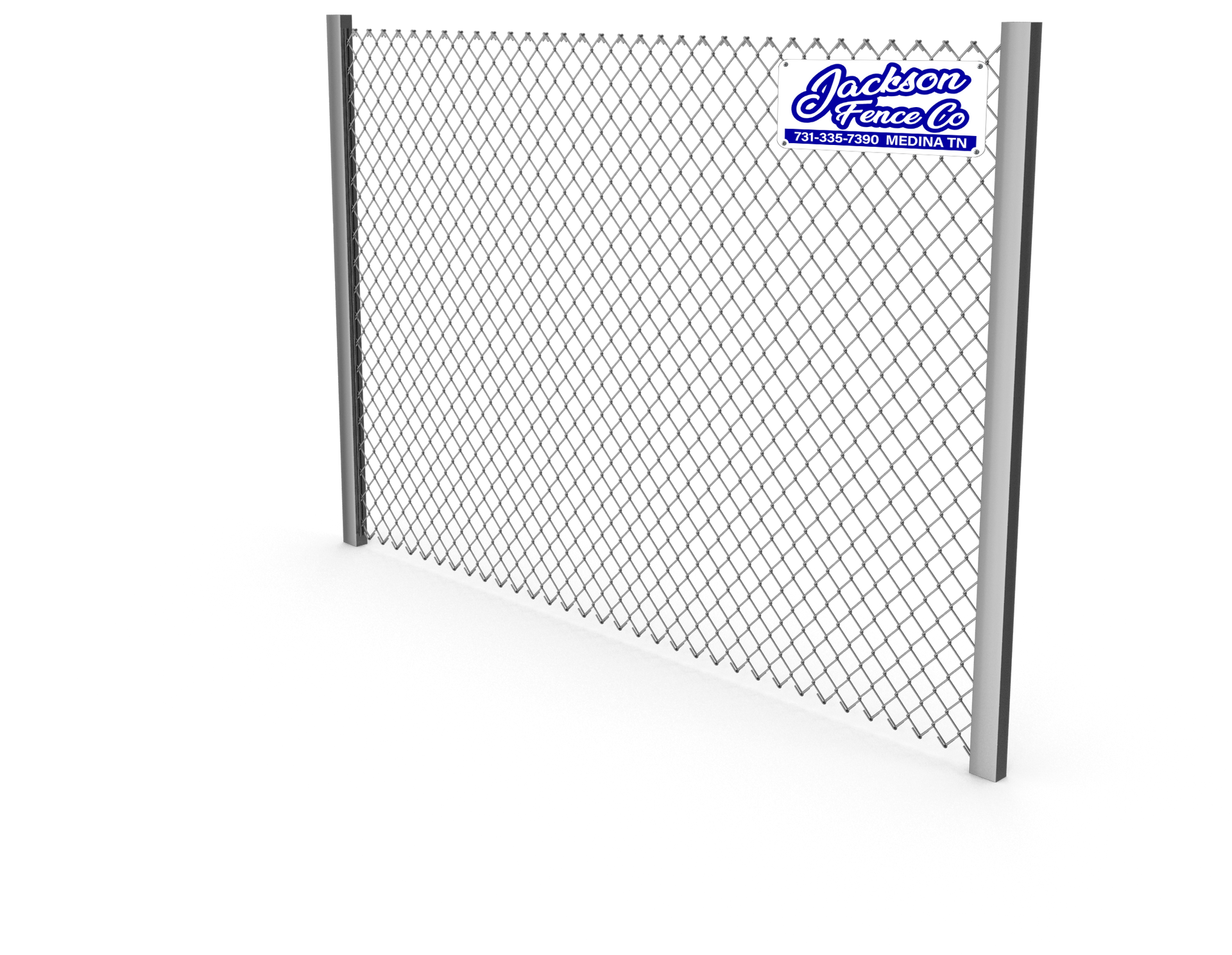 Chain-link fence panel with metal posts and a blue logo in the top right corner
