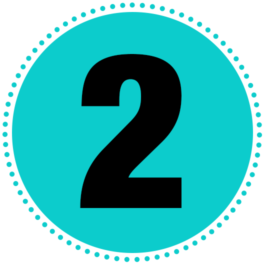 Black number 2 on a turquoise circle with a dotted border