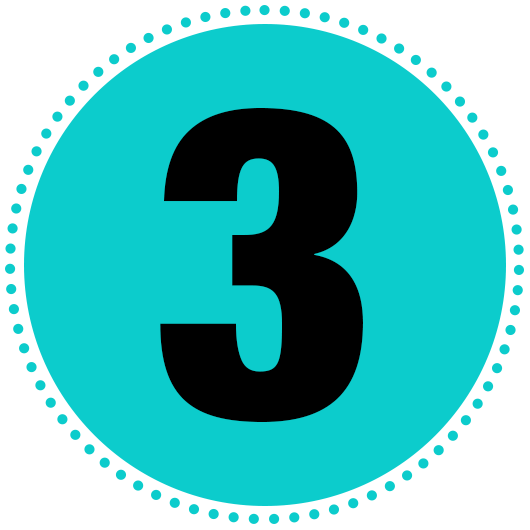 Black number 3 on a turquoise circle with a dotted border