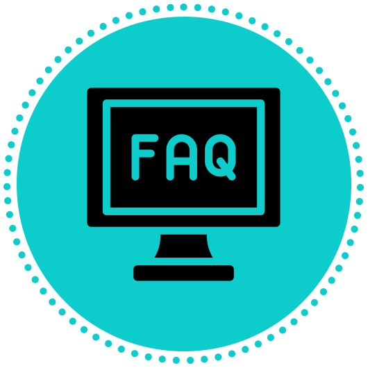 Turquoise FAQ icon with a computer monitor inside a dotted circle