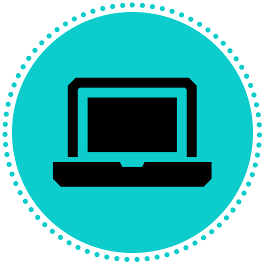 Black laptop icon inside a turquoise circle with a dotted border