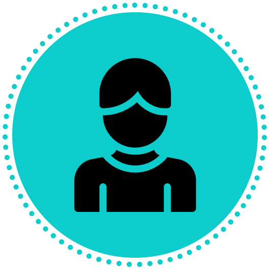 Black user avatar icon in a teal circle with a dotted border