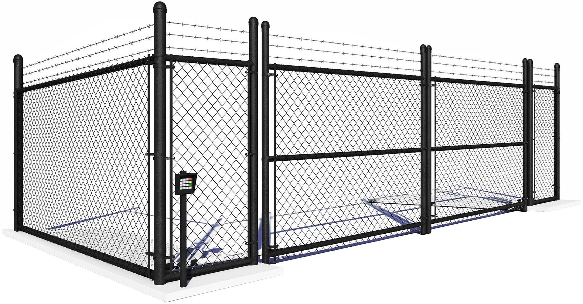 Chain-link outdoor fence enclosure with a gate and metal posts