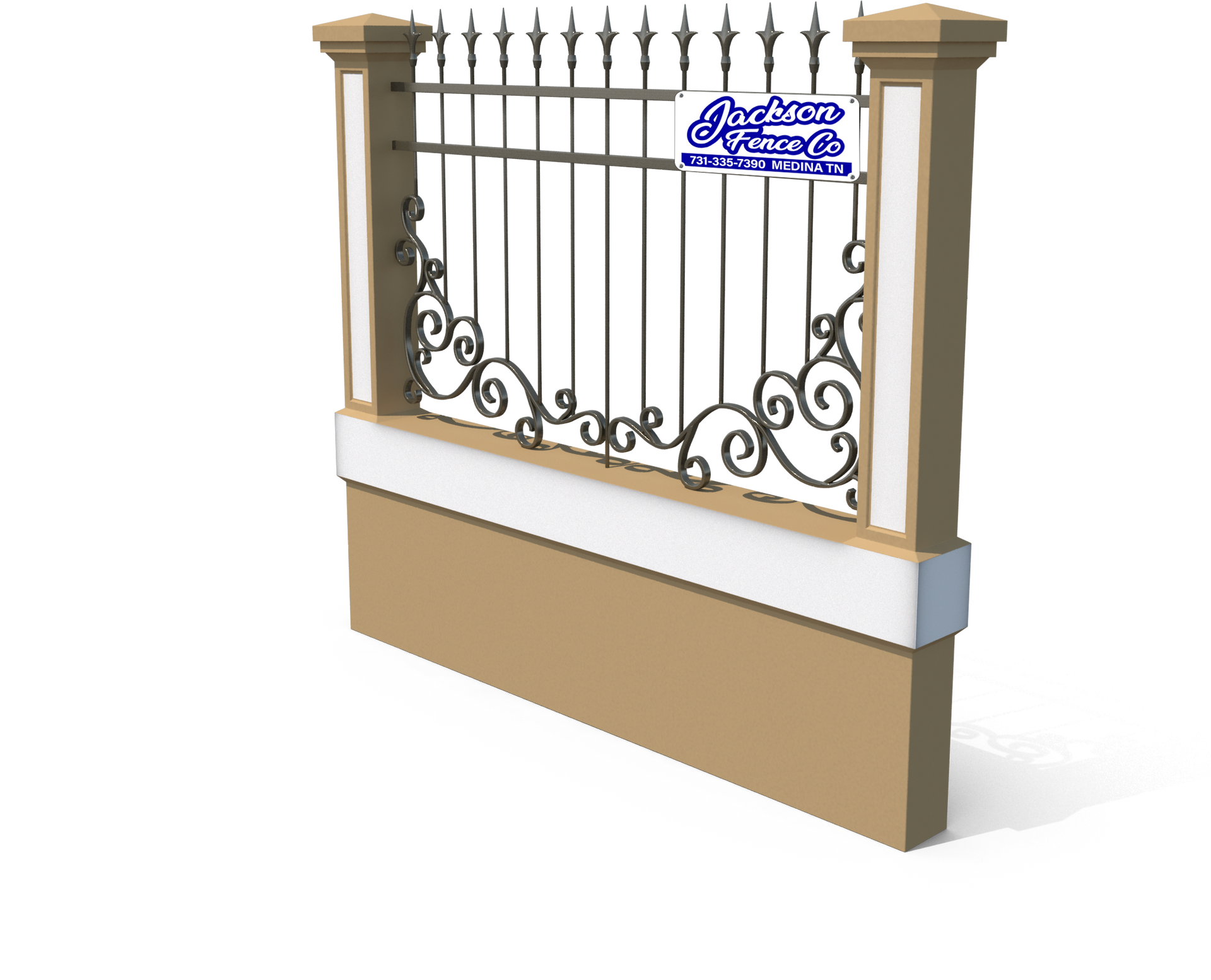 Decorative tan-and-white metal fence with ornate black scrollwork and stone-like posts