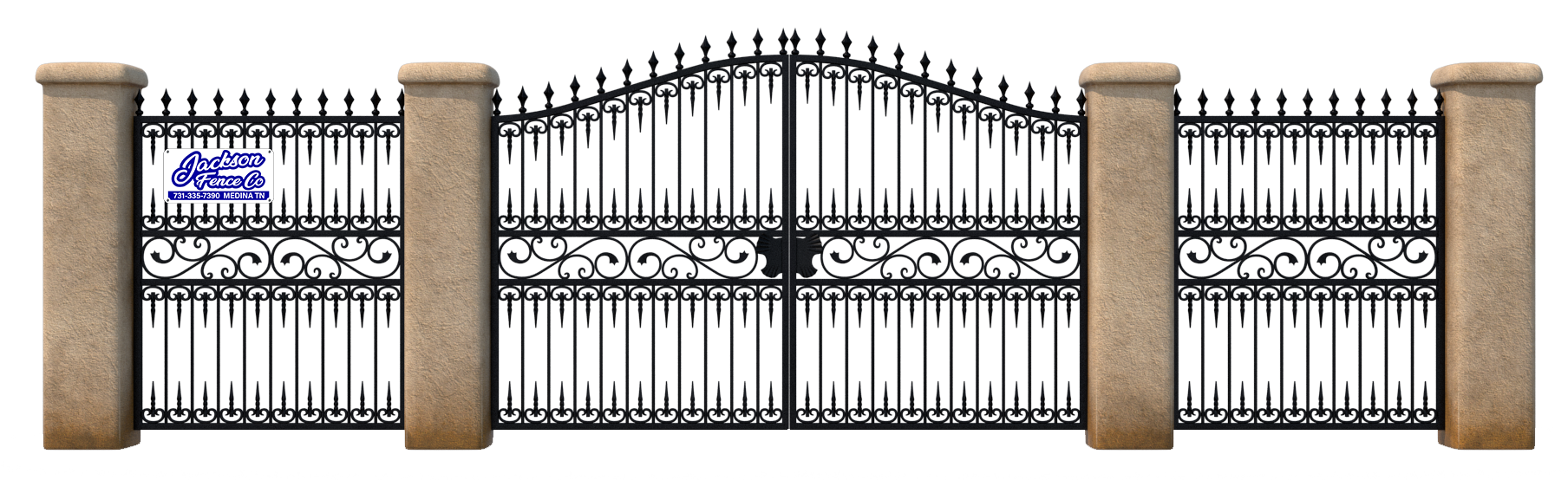 Black wrought-iron gate between tan stone pillars with decorative scrollwork and a central arch.