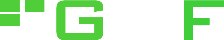 White background with bright green geometric letters and shapes, including a large “G” and a partial “F”