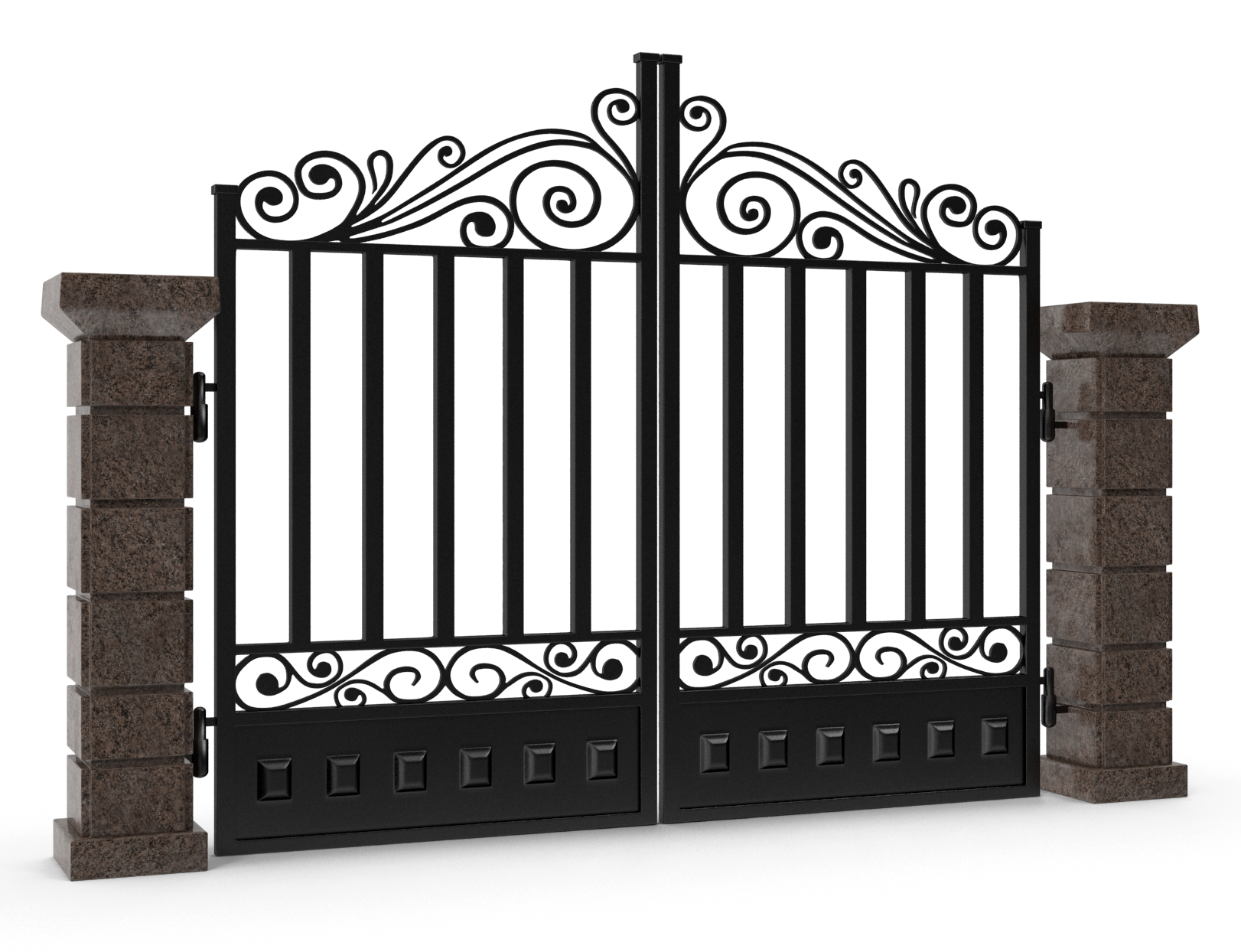 Ornate black wrought-iron double gate with scrollwork, flanked by stone pillars