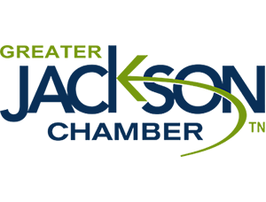 Greater Jackson Chamber logo in blue and green with stylized arc and TN