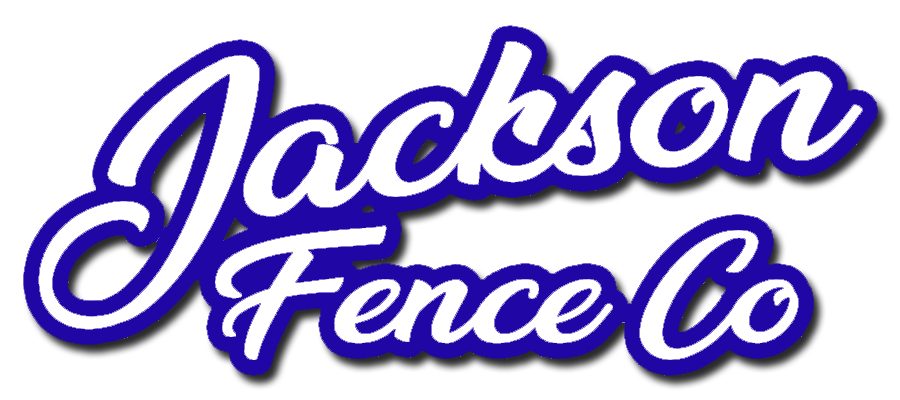 Jackson Fence Co logo in blue script with white outline and dark shadow