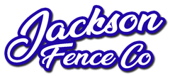Jackson Fence Co logo in white script with blue outline and shadow