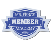 Blue and gray Mr. Fence Member Academy badge logo with ribbon and shield