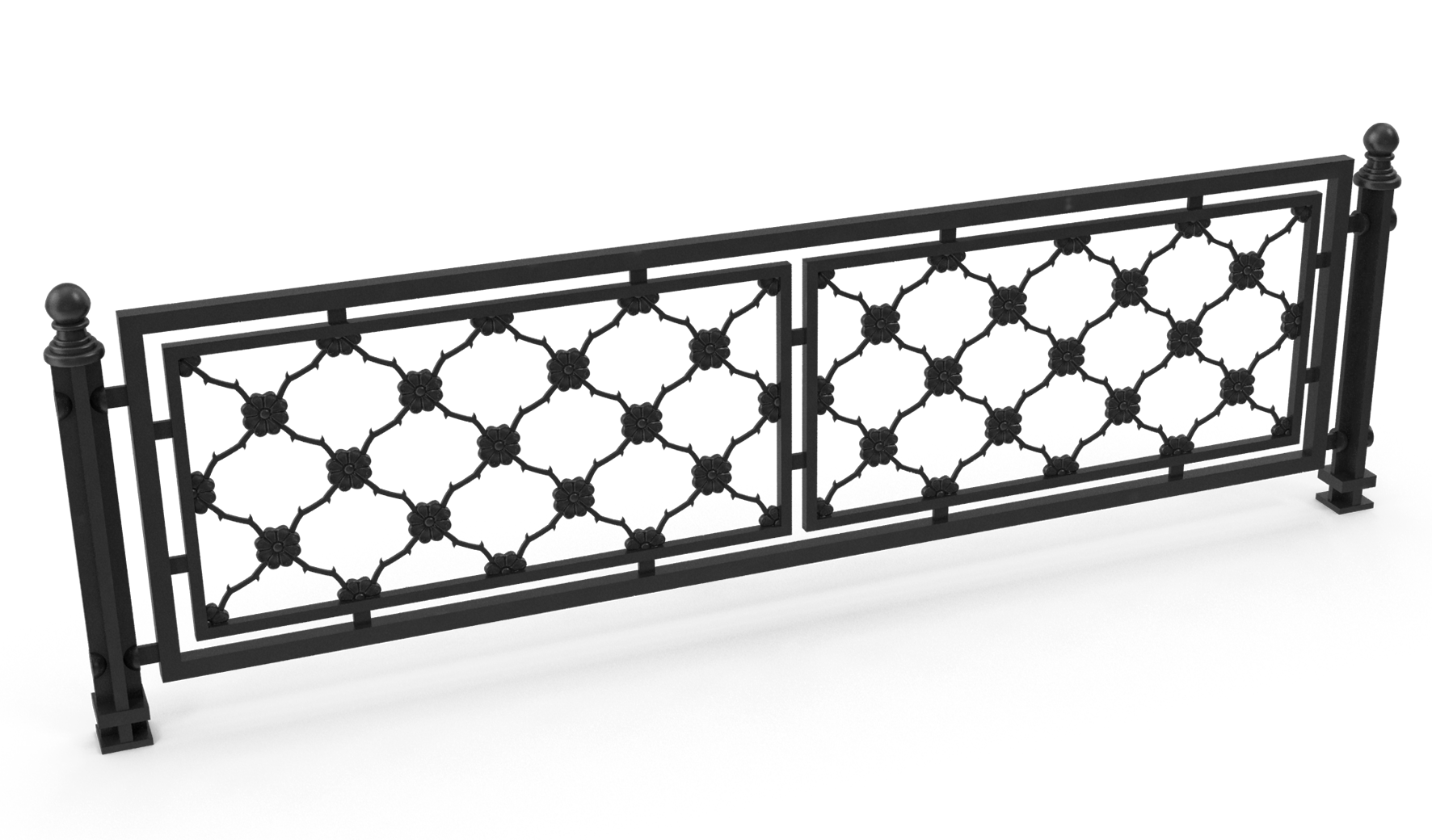 Black wrought-iron decorative fence panel with a lattice pattern on a white background
