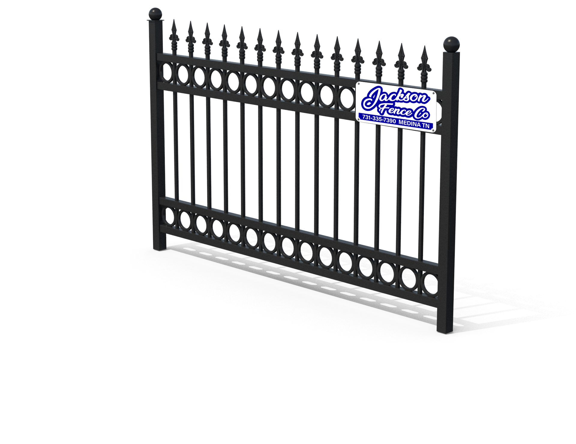 Black decorative metal fence with pointed finials and a blue logo sign on the right side