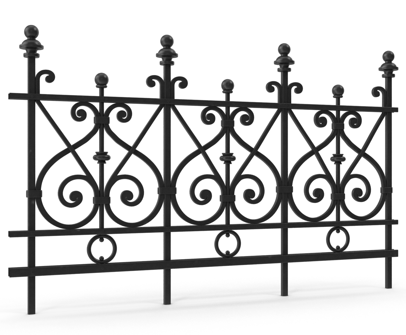 Black wrought-iron fence with ornate scrollwork and pointed finials on white background