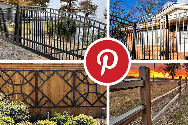 Collage of decorative fences and gates in black, brown, and wood tones, with a Pinterest logo overlay.